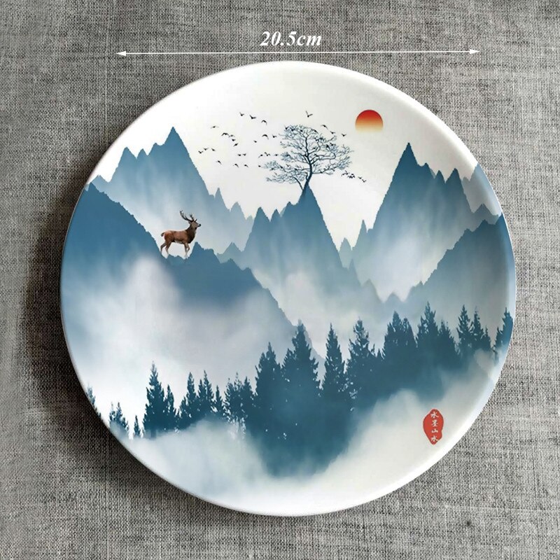 Plato colgante de pared con pintura de paisaje moderno de cerámica, Plato decorativo de porcelana creativa, adornos de decoración de entrada de la casa