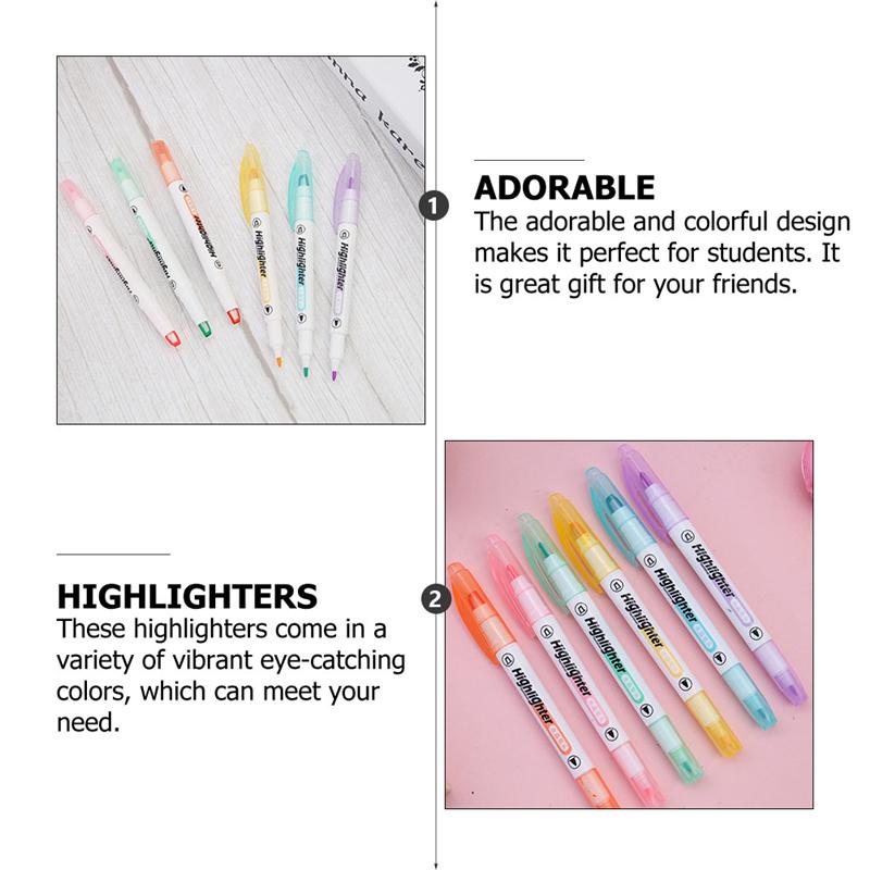6Pcs Clear View Double Ended Marker Pen Chisel Tip and Fine Tip Highlighter Pens