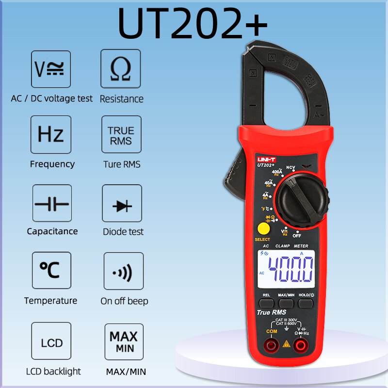 Uni-t  ut204+ serie true rms digital klemmemåler ac / dc klemme ammetere temperatur kapasitans motstandsspenning tester lcd ncv: Ut202 pluss