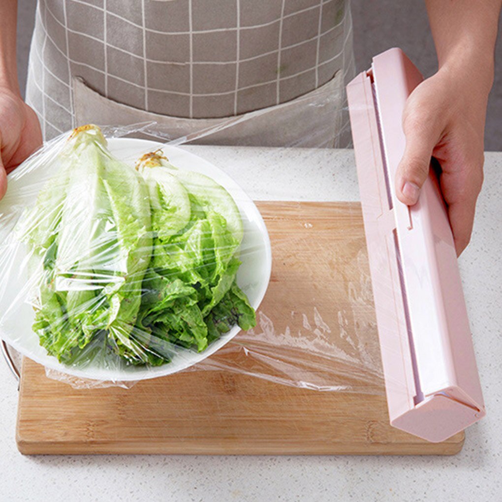 Food Plastic Wrap Dispenser Roll Container Portable Countertop Fresh Keeping Wrapper Film Storage Box Household Pink