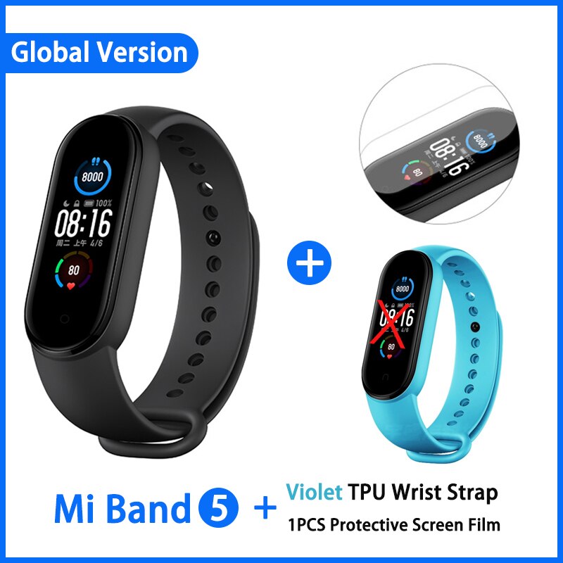 Xiaomi Mi Band 5 Smart Armband 4 Kleur Amoled Screen Miband 5 Smartband Fitness Traker Bluetooth Sport Waterdichte Slimme Band: GN add Blue film