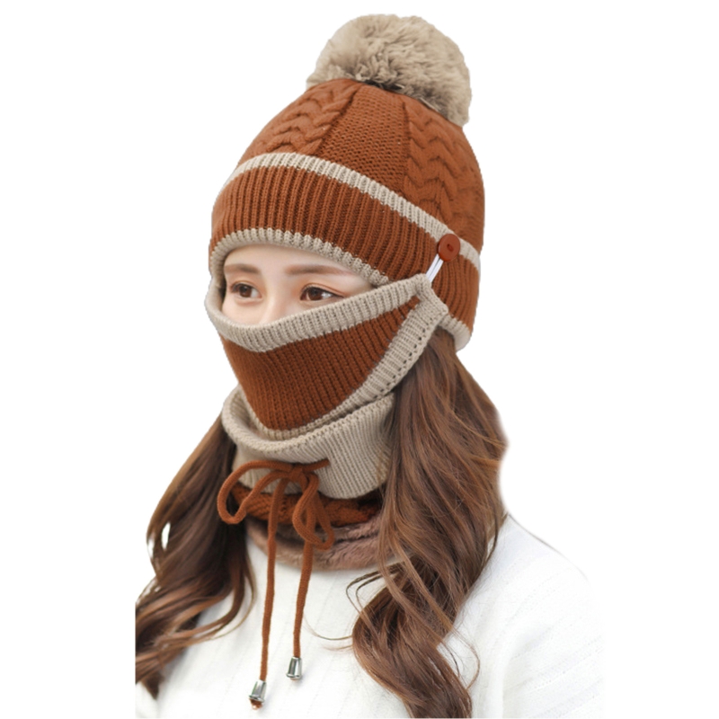 Bonnet 3 en 1 pour femmes, bonnet, chapeau, écharpe circulaire, ensemble de couverture faciale, peluche épaisse doublée, tricot épais, pompon, casquette de cyclisme, cache-cou: Caramel