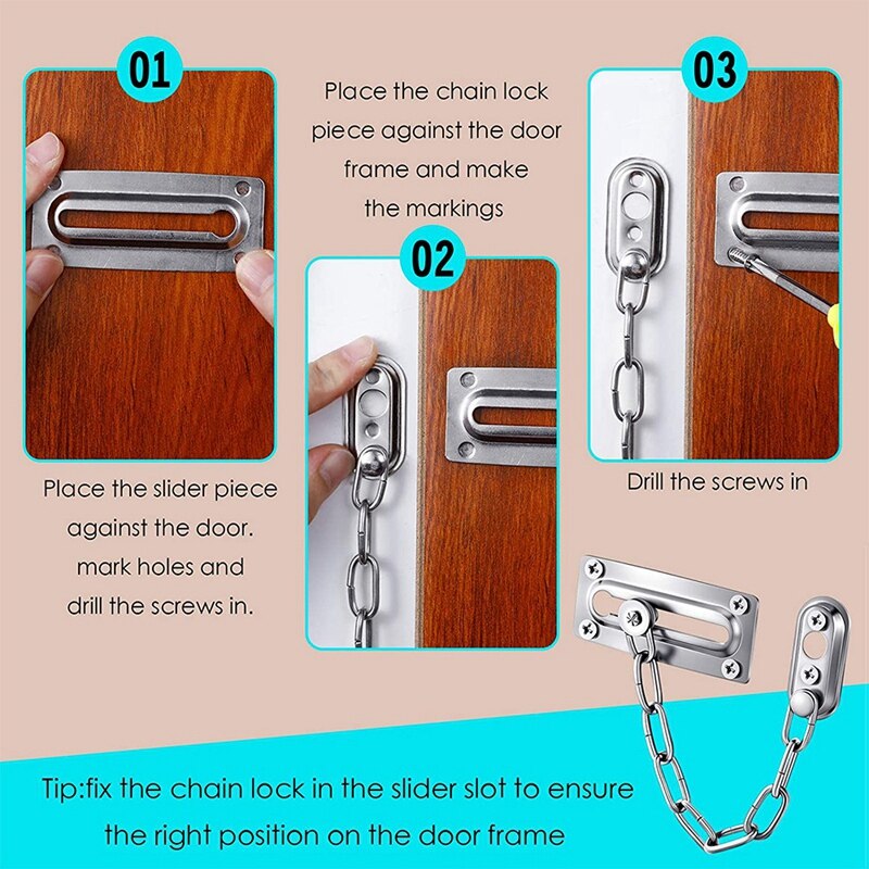 Cerraduras de seguridad con cadena para puerta interior, 4 cadenas con piezas, con tornillos