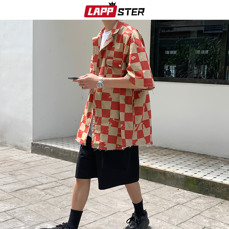 LAPPSTER Men Korean Damage Plaid Shirts Short Sleeve Summer Women Harujuku Blouses Japanese Streetwear Button Up Shirts