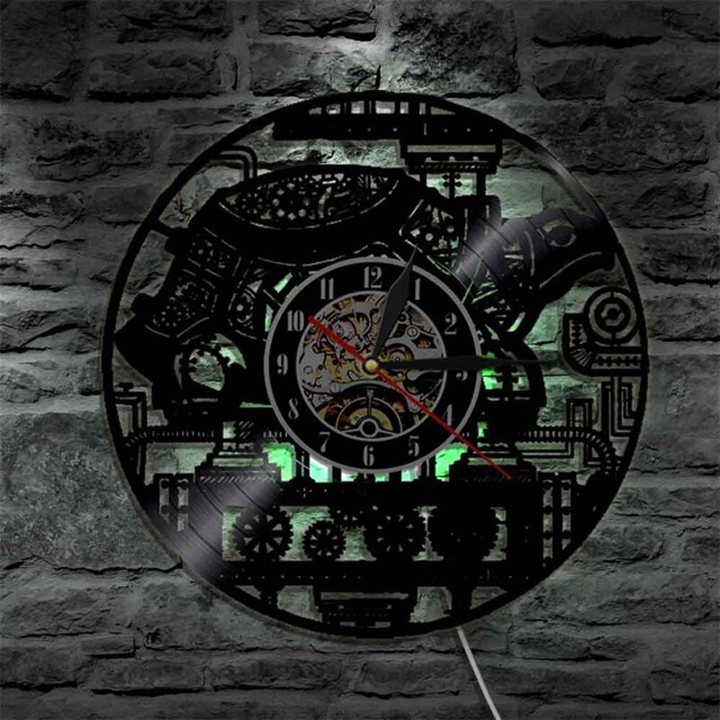 Vinyl rekord væg ur moderne 3d dekorative steampunk ur med 7 forskellige farver led skifte gear væg ur boligindretning