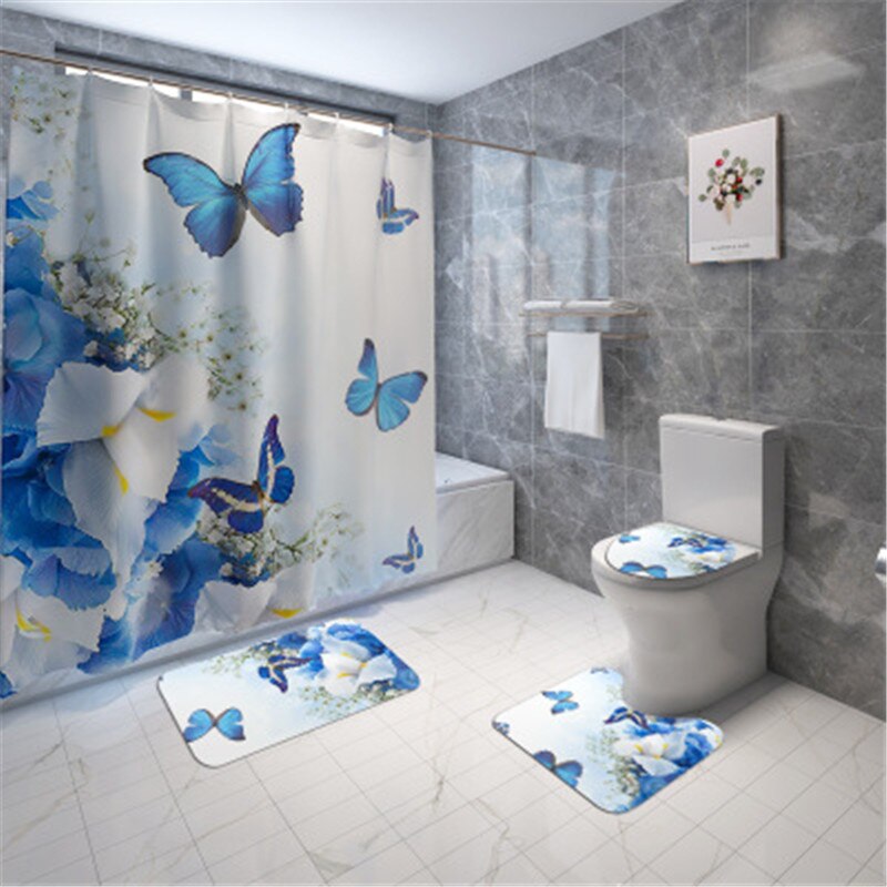 Badeværelse måttesæt skridsikker digita print sommerfugl bademåtte koral fleece badeforhæng gulvmåtte vaskbart toilet tæppe