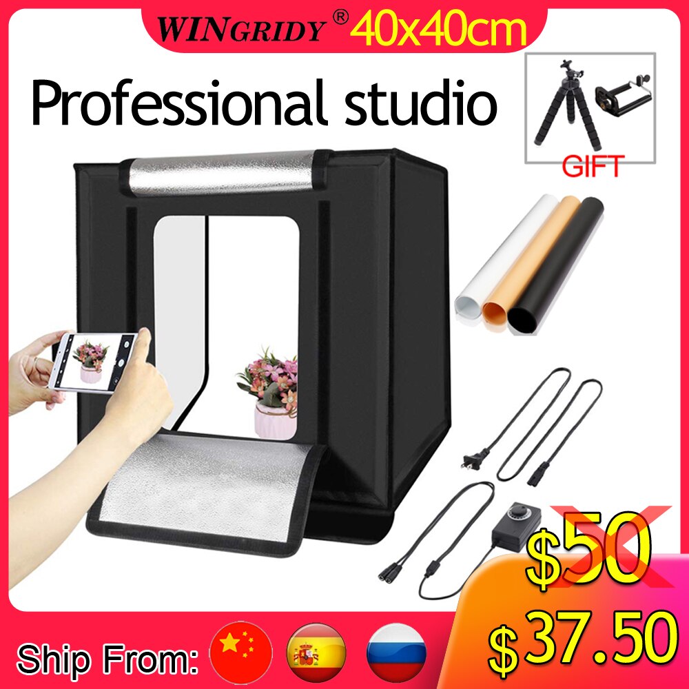 WINGRIDY W40 LED Folding Photo Studio Softbox Lightbox 40*40 light Tent with white yellow black background Accessories box light