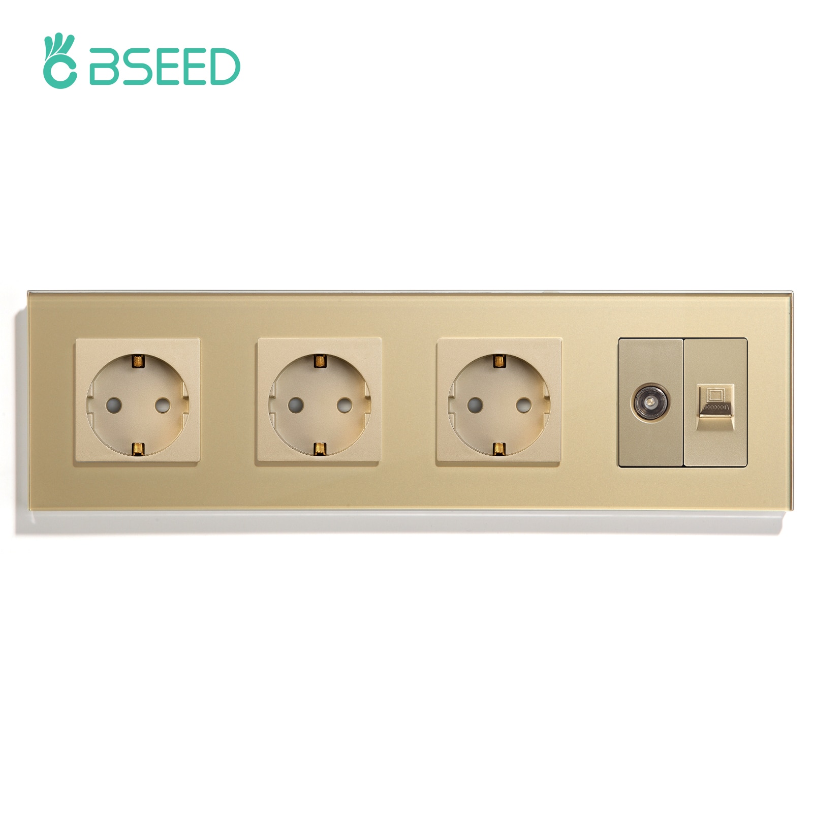 BSEED-Enchufes de pared dobles, estándar europeo, cuatro marcos, TV, PC, Internet, Panel de cristal, Blanco, Negro, oro, estándar de la UE