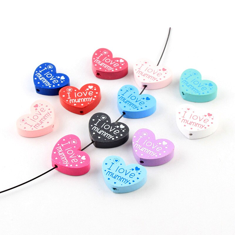 10pcs/lot Wooden DIY (I love mummy) Heart-Shaped Wooden Beads For Children's Toys & Pacifier Clip Spacer Beads