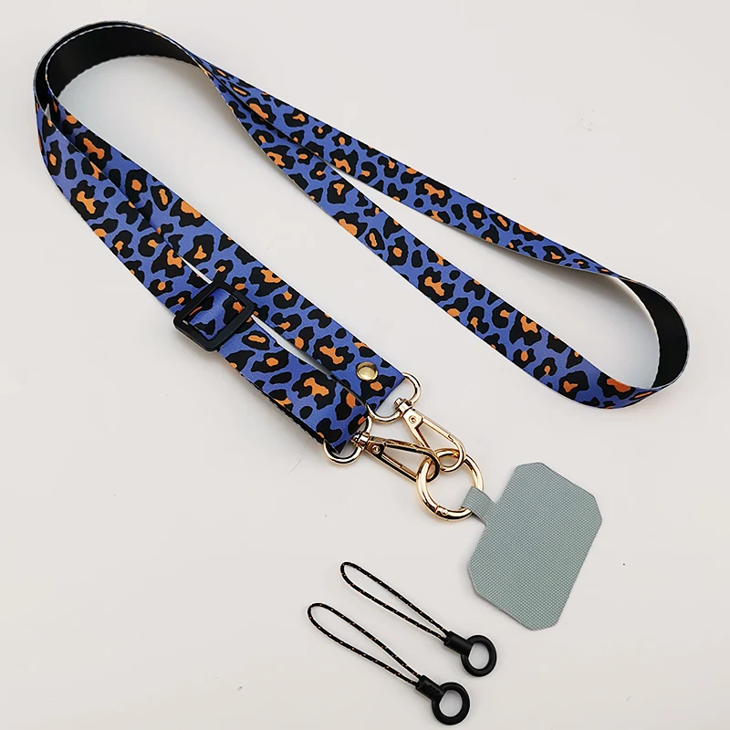 Crossbody luipaardprint op de rug hangende nekketting Verstelbare schouder Brede hanger Anti-verloren sling met clip Mobiele telefoonkoord: Black