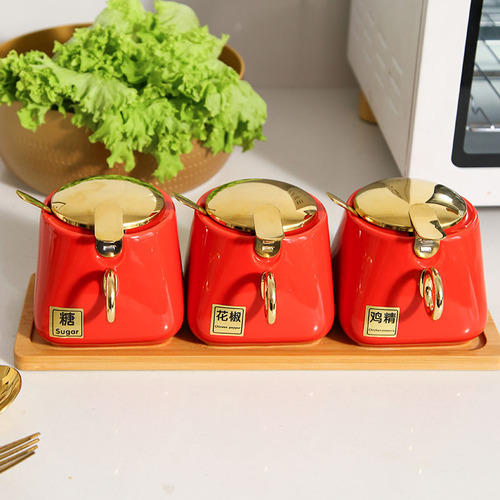 Kruidkruik Set Huishoudelijke Combinatie Zout Jar Kruiden Opbergdoos Keramische Keuken Kruiden Pot Peper Pot Met Deksel Cn (oorsprong): 3 red