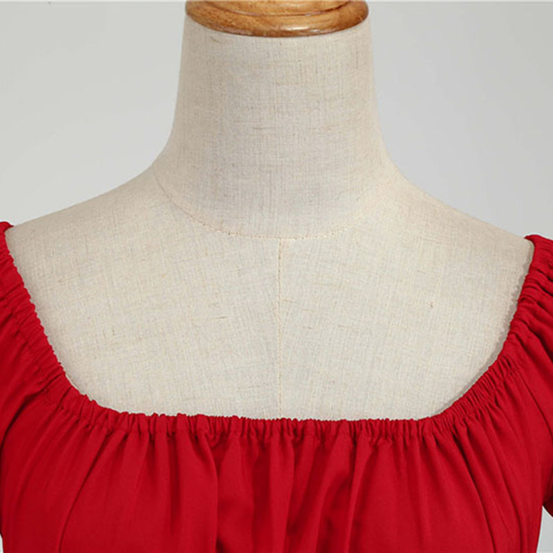 Women Vintage Dress Robe Party Casual Office Midi Dress Femme Summer Puff Sleeve Square Collar Solid Red