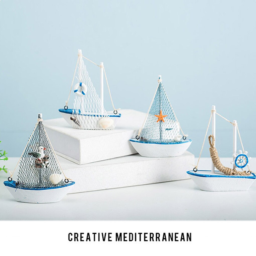 1pc mini middelhavsstil marine nautisk træ blå sejlbåd skib træ håndværk ornamenter festlokale boligindretning