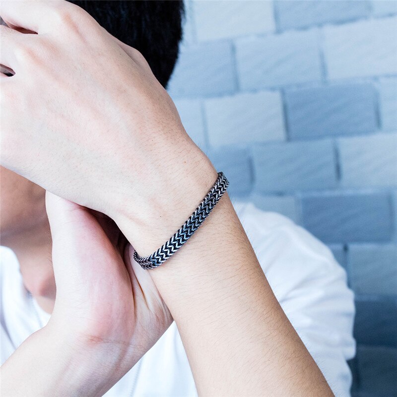 ZORCVENS hommes Bracelet & Bracelet de noël Bracelet en acier inoxydable couleur argent lien blé Double chaîne bijoux directe