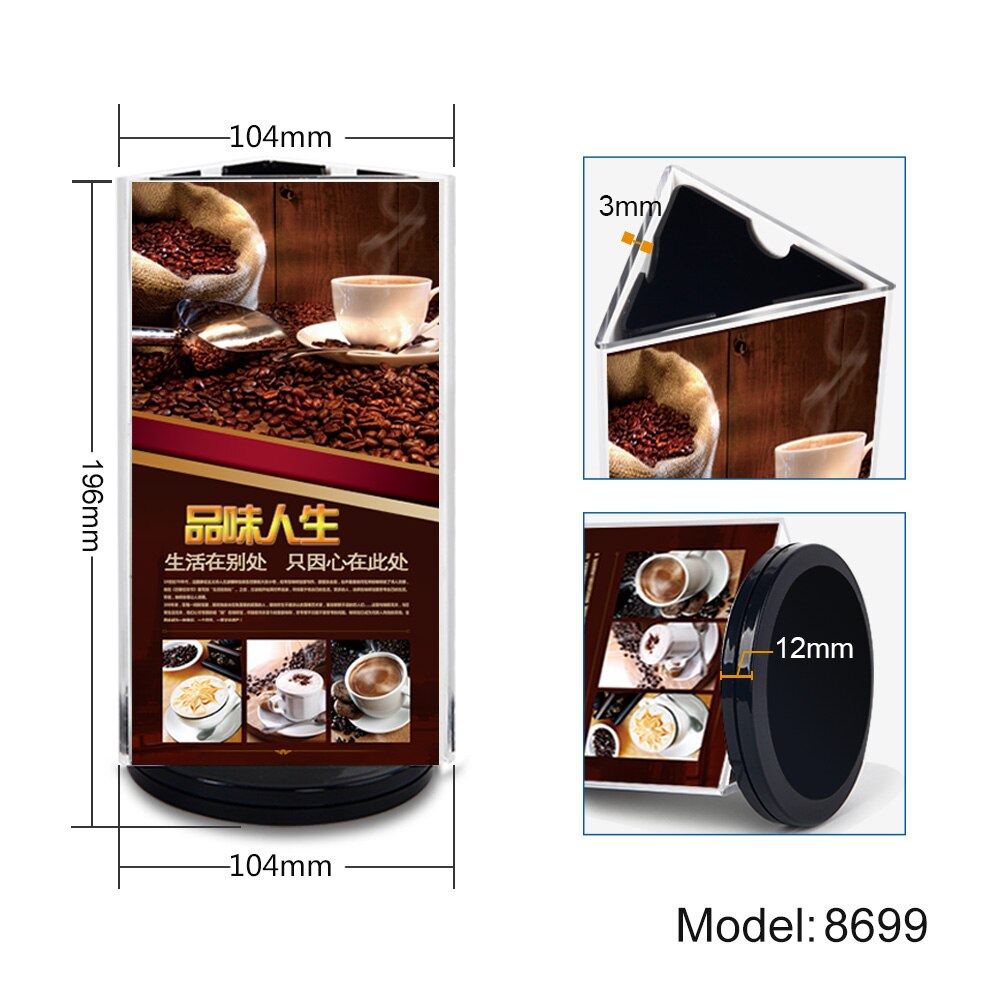 360 ° Revolving Acryl 3-Side Display Stand Restaurant Cafe Menu Poster Presentatie Board