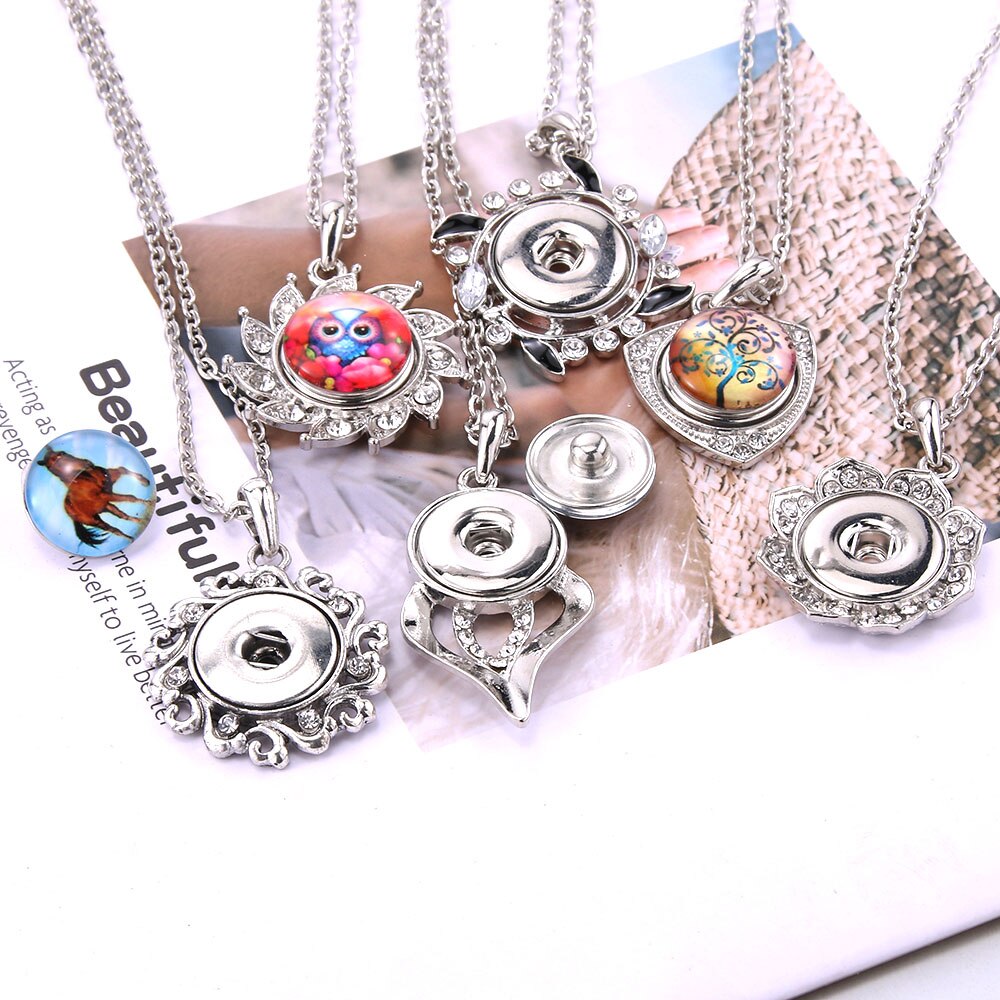 Snap Button Jewelry Necklaces Rhinestone Crystal Heart Flower Snap Necklace Fit DIY 20MM 18mm Snaps Buttons Pendant Necklace