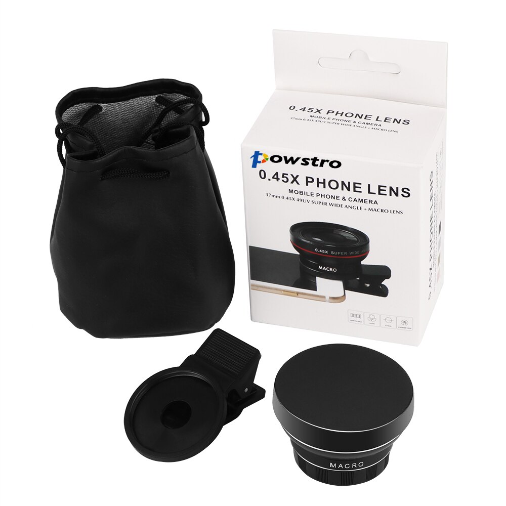 Powstro-lente de cámara para teléfono 2 en 1, lente Macro HD 37MM 0,45x 49UV Super gran angular + 12,5x para la mayoría de las tabletas inteligentes