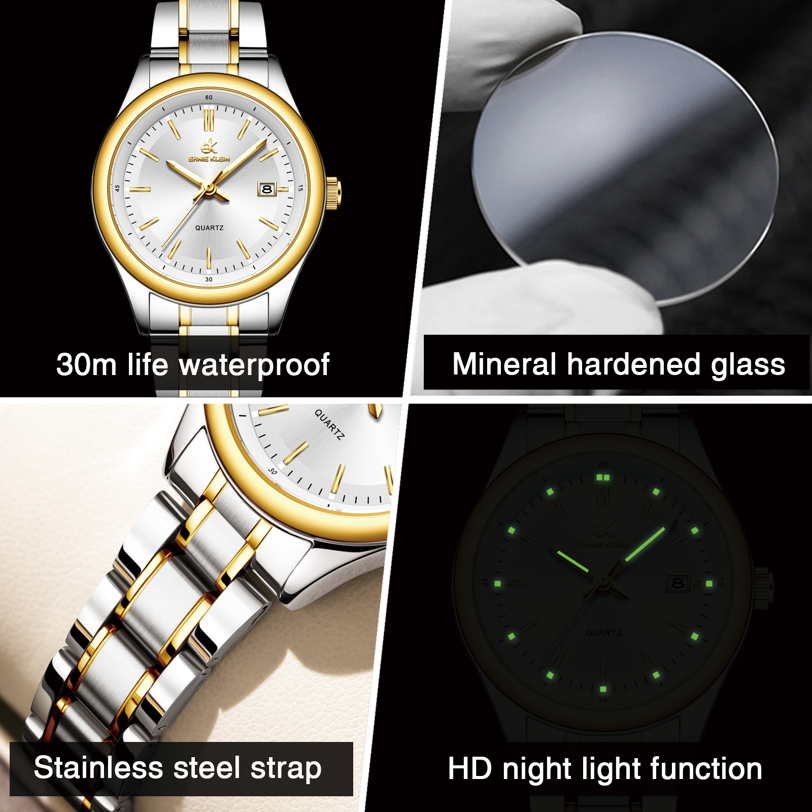 ERNIE KLEIN dameshorloge luxe gouden horloge OriginalDate Week roestvrij staal waterdicht lichtgevende elegante jurk dameshorloges
