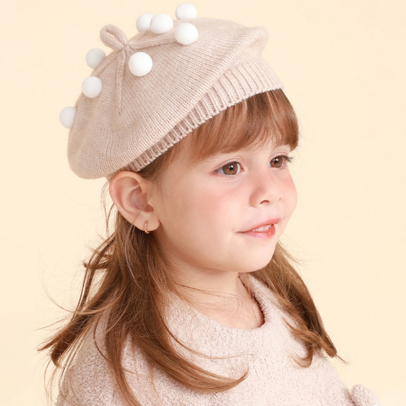 Autumn Winter Knitted Warm Hat Girls Cute Berets Caps Lovely Purl Beanies Hats Wild Cute Hair Ball Kids Knitted Thermal Beret