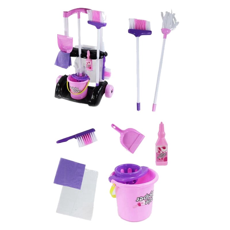 Kids Cleaning Trolley Toy Pretend Play Toy House Cleaning Cart Tools Girls Cleaning Playset Trolley with Mop and Brush