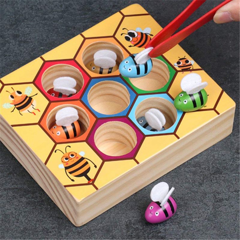 Adorable juguete de madera para recoger abejas, prácticas de captura para bebés, juego educativo temprano para niños pequeños, caja de colmena colorida