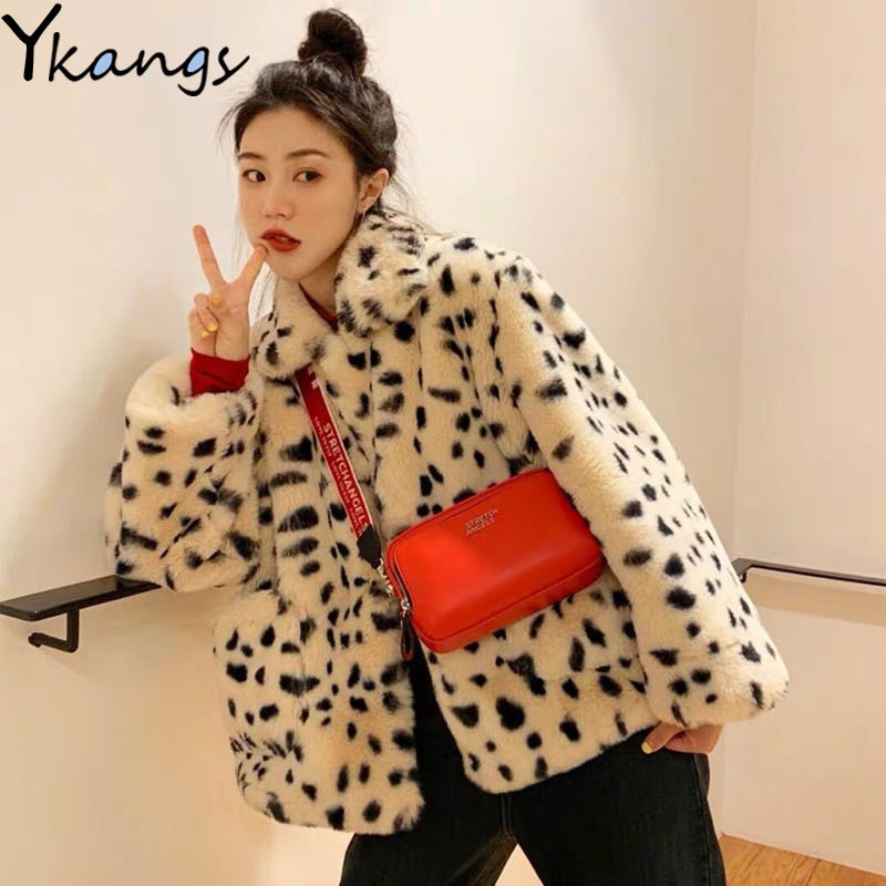 Casual Streetwear Leopard Print Faux Lamb Wool Coats Autumn Winter Loose Hip Hop Oversize Thicken Warm Jacket Women Outerwear
