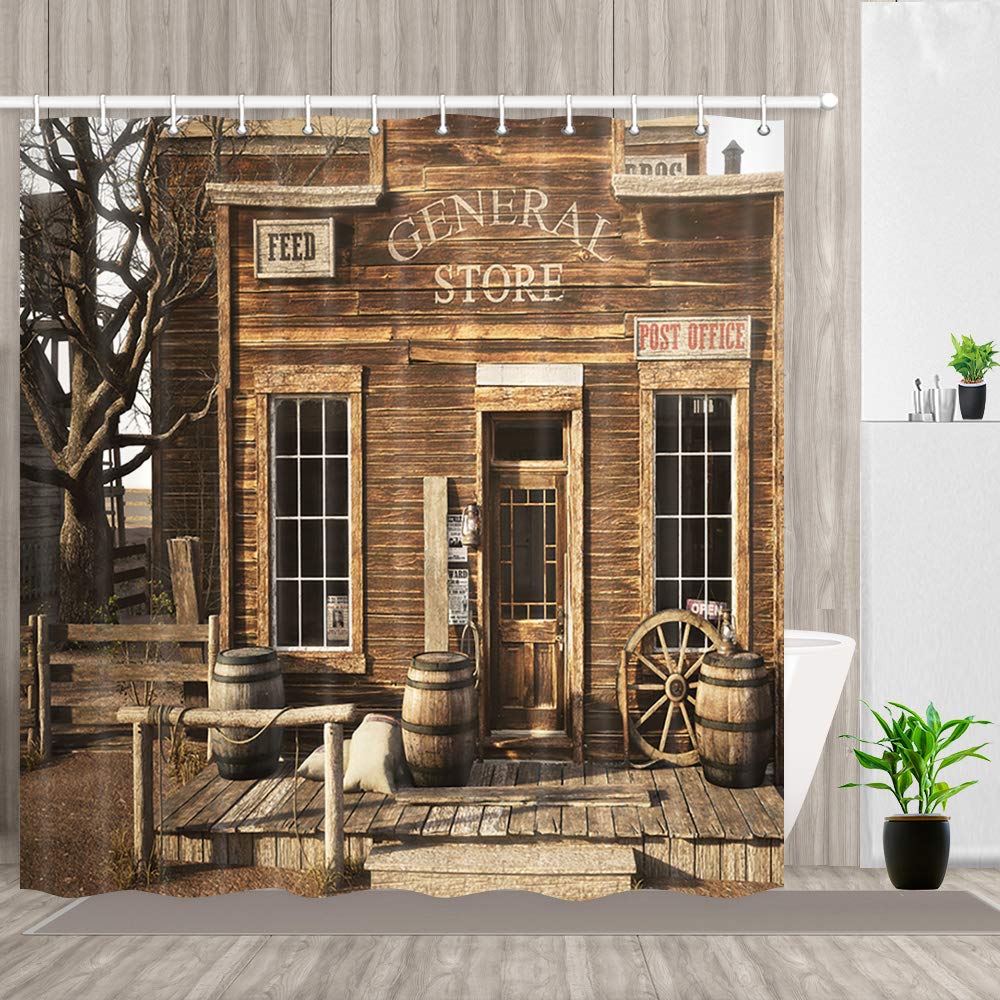 Western Cowboy Boerderij Badkamer Douche Gordijnen, Rustieke Houten Winkel In Landelijke Stad, Polyester Bad Gordijn, stof Hout Douche