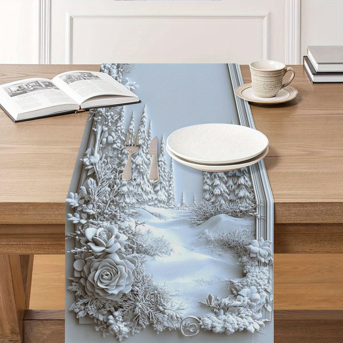 1pc juldukar med snöig skog och blommiga blad, snöig skog med tallar, rosor och bär, polyesterduk