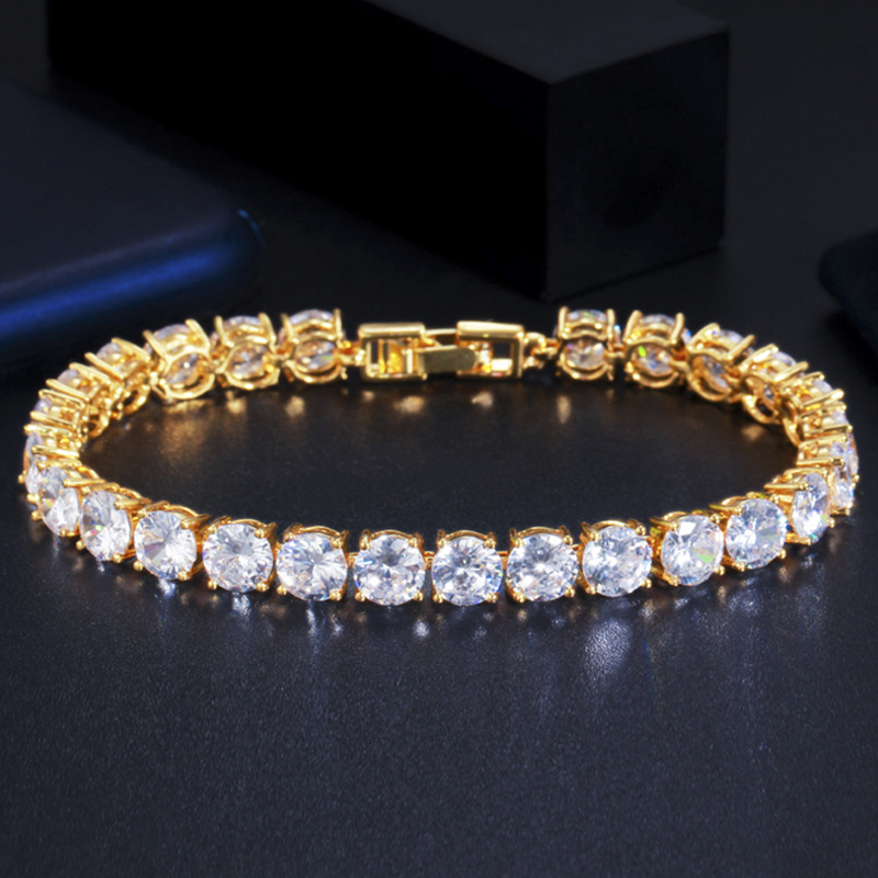 Threegraces Fonkelende Paars Zirconia Zilveren Kleur Geometrische Ronde Cz Tennis Link Chain Armband Sieraden Voor Vrouwen BR219: Licht Geel Goud Kleur
