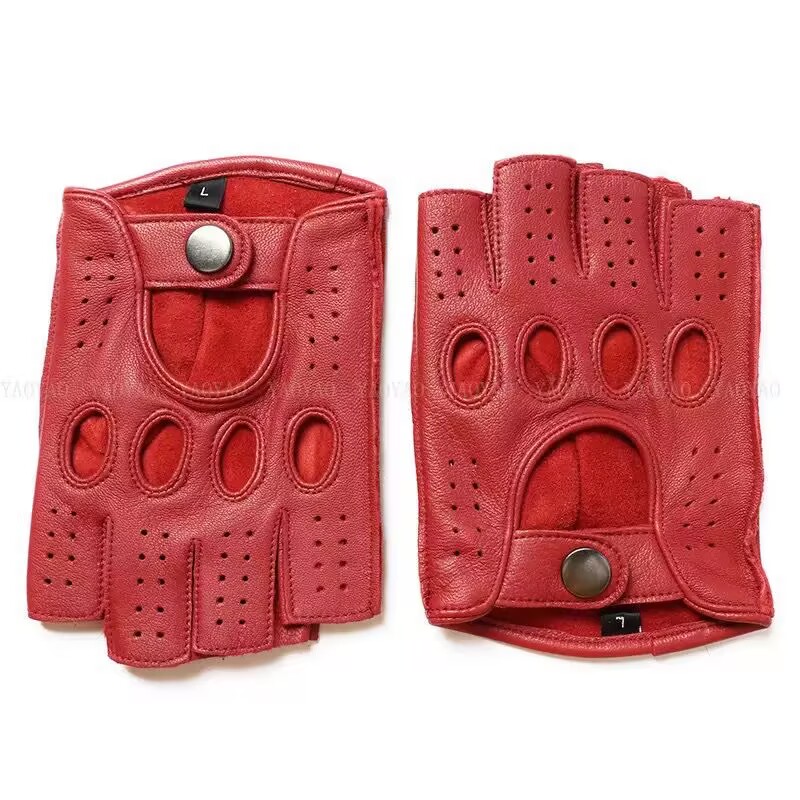 Guantes de cuero puro Real de para hombre, Guantes finos de medio dedo para Fitness, Guantes elegantes de dos colores para conducir, montar en gimnasio, sin forro: Beige / S