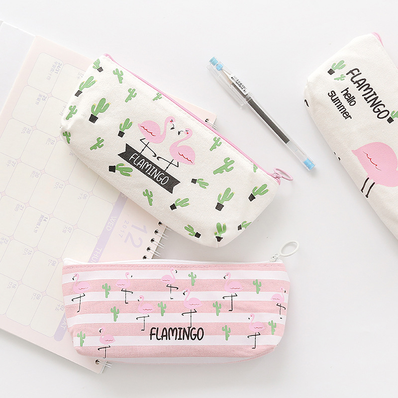 Kawaii – trousse à crayons en toile rose flamant rose, sac de rangement, sac à crayons, fournitures de papeterie scolaire pour élèves