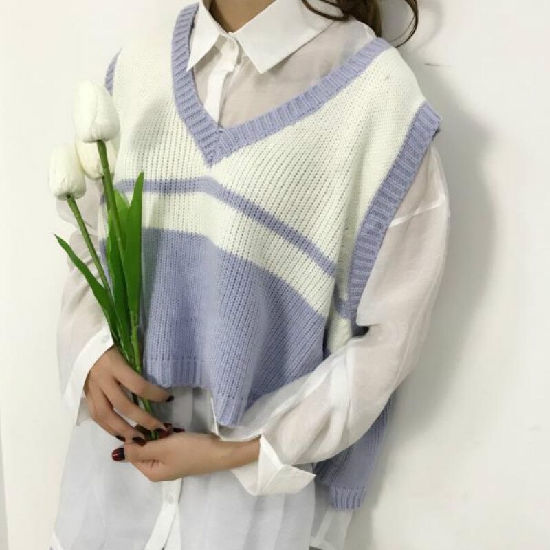 Sweter kamizelka kobiety piękne fioletowe koreańskie popularne dekolt w serek nastolatki skręcony sweter cały mecz jesień moda Femme bez rękawów dzianiny: 59 blue / XXL