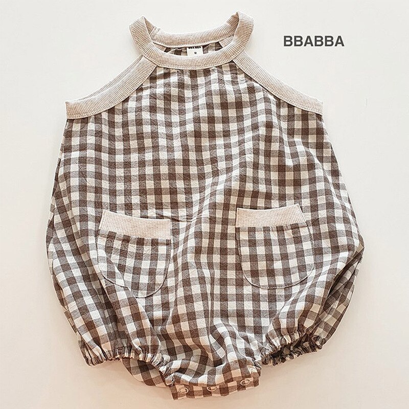 sommer Neue Stil Plaid Strampler Korea Kinder baby mädchen romper: brown / 90CM