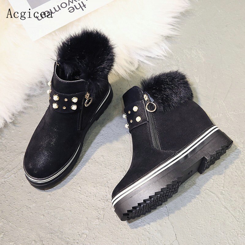 Fin pop pop søt pels kvinner ankelstøvletter komfortable vår høst sko kvinne flate høye hæler vanlig perle boot