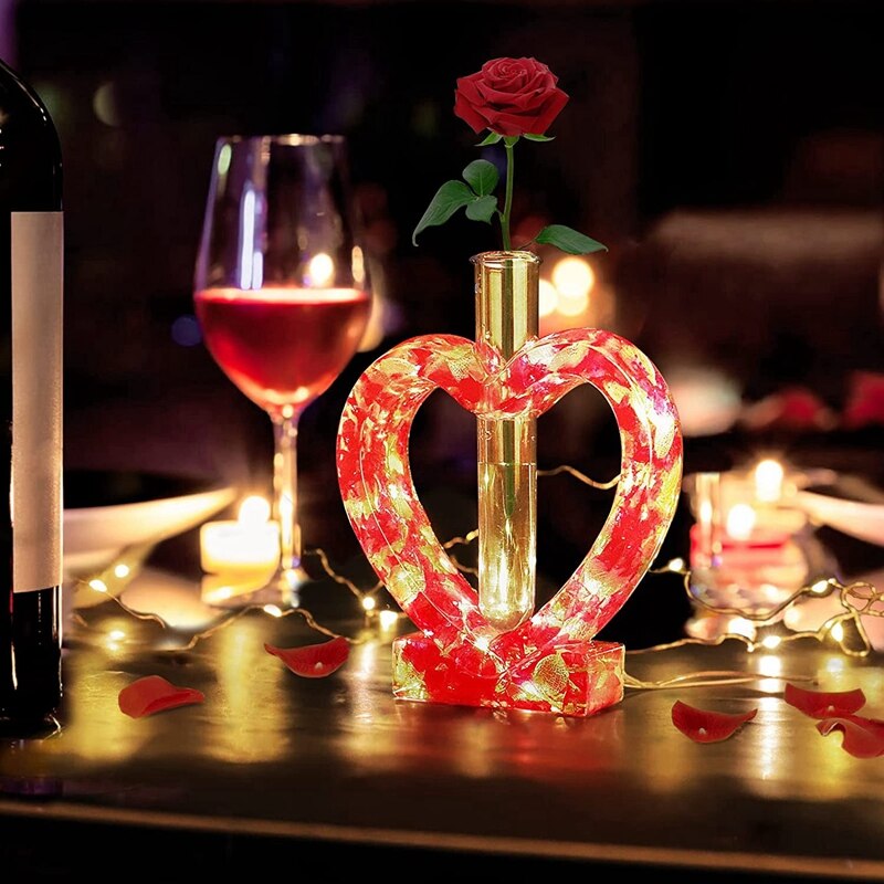 Moldes de resina epoxi en forma de corazón con 3 tubos de ensayo para hidropónico, soporte de flores, decoración de oficina en casa, de San Valentín