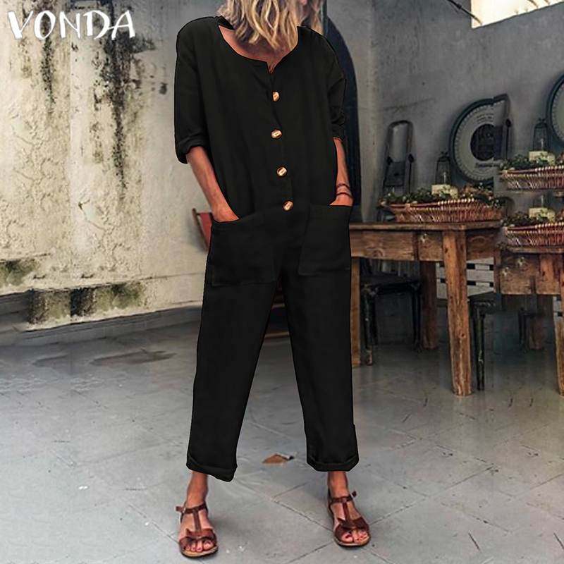 Vonda kvinna höst bomullsbyxor dam jumpsuits knapp kontor dam playsuit casual lösa pantalon plus size byxor