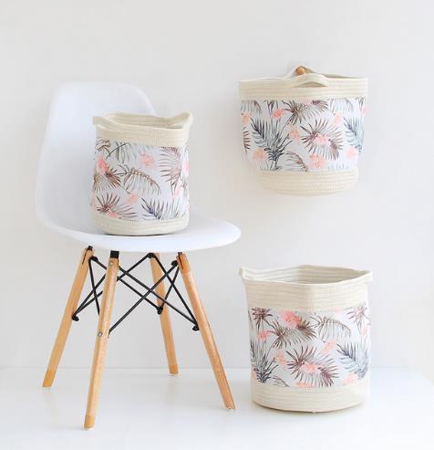 Nordic Green Leaf Cotton Rope Storage Basket Tropical Flowers Woven Finishing Baskets Foldable Sundries Organizer Bucket 1PC: B / 24x27cm
