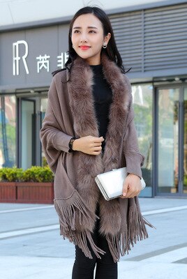 Forår damer faux fur krave cape sjal cardigan grå kvinder kvaststrik cardigan sweater poncho vinter varm frakke: Khaki
