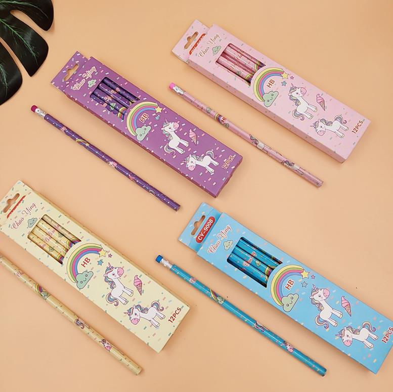 12 Pcs/pack Cartoon Rainbow Unicorn HB Wooden Pencils Sketch Drawing Wood Standard Pencil Stationery Student School Office