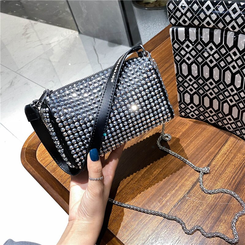 Mulheres diamantes bolsa strass bolsas de ombro senhoras bolsa bolsas crossbody sacos preto presente de aniversário: Prata