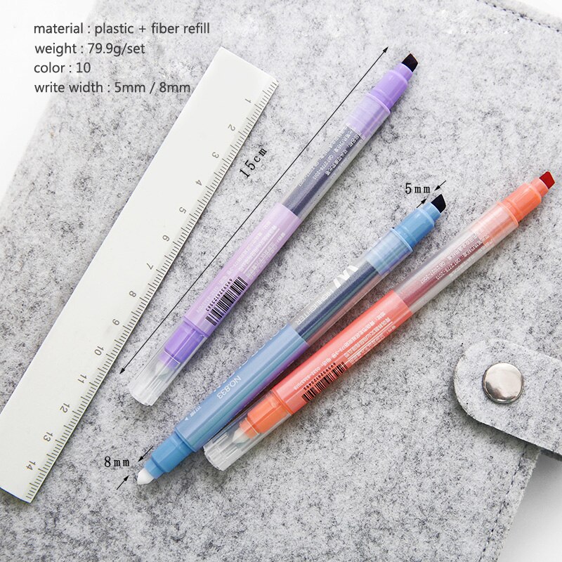 10 stk/sett søt highlighter dobbelthode fluorescerende penn slettbar mildliner tusj kawaii farge tusj penn