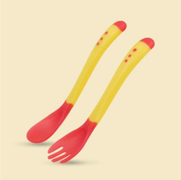 2 sztuk/zestaw naczynia do nauki dla dzieci z przyssawką zestaw obiadowy dla dzieci Assist Bowl łyżka z czujnikiem temperatury widelec zastawa stołowa: Yellow Spoon Fork