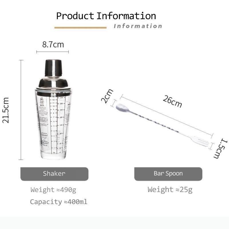 Mélangeur de bouteilles en verre inoxydable, 400ML, pour Cocktail, Bar, vin, échelle transparente, outils de Bar, cuillère