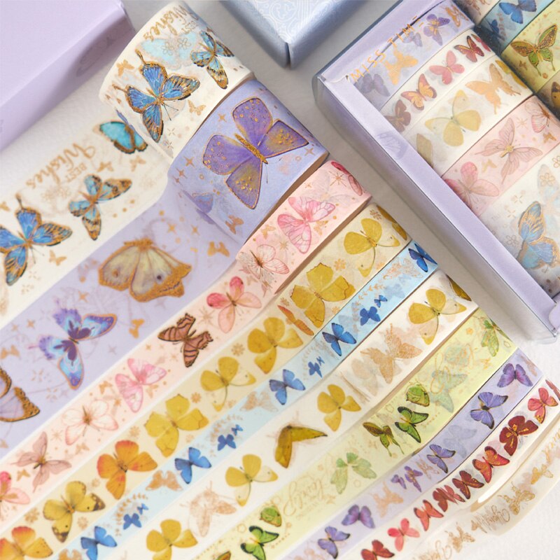 Juego de 10 rollos de cinta Washi dorada de estilo chino, cinta adhesiva de estilo chino, álbum de recortes, agenda, papelería: Colorful Butterfly
