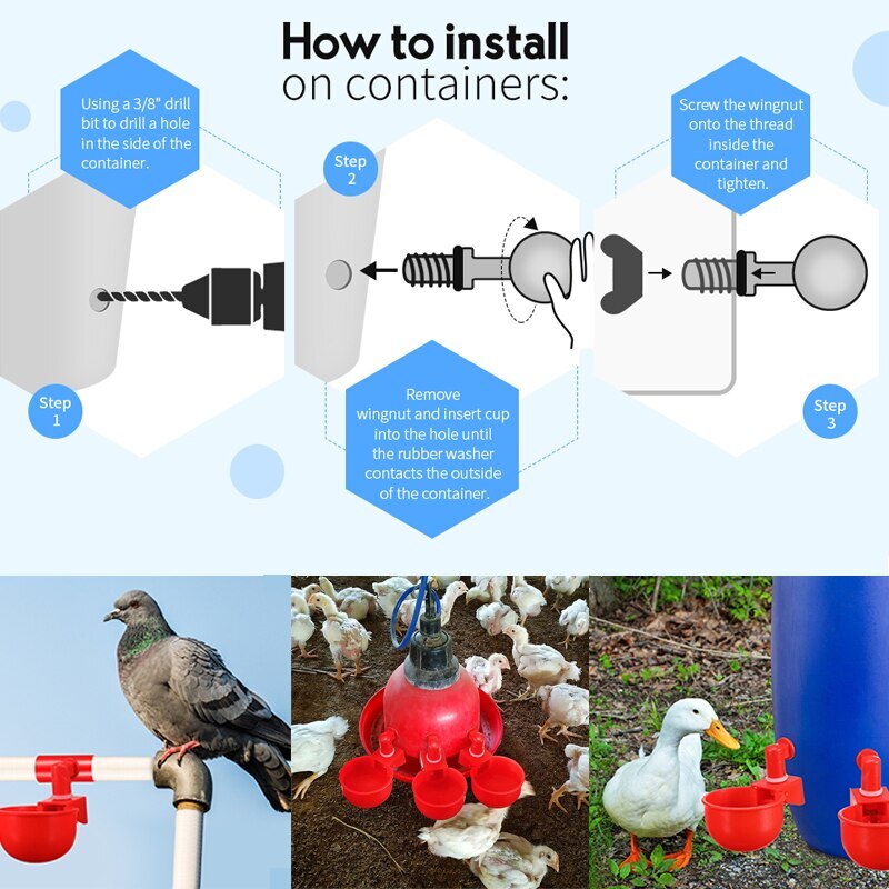 Automatic Chicken Water Cup Waterer Bowl Kit Farm Coop Poultry Waterer Drinking Water Feeder for Chicks Duck Goose Turkey Quail