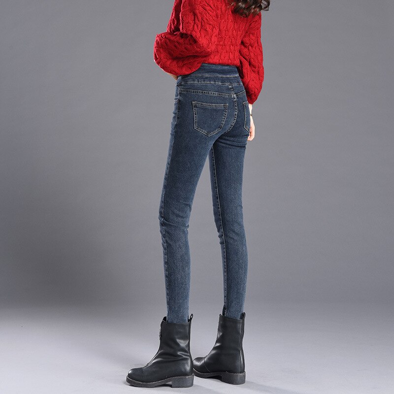 Elastische taille drierijige jeans dames hoge taille skinny koreaanse denim potloodbroek stretch jeans plus size