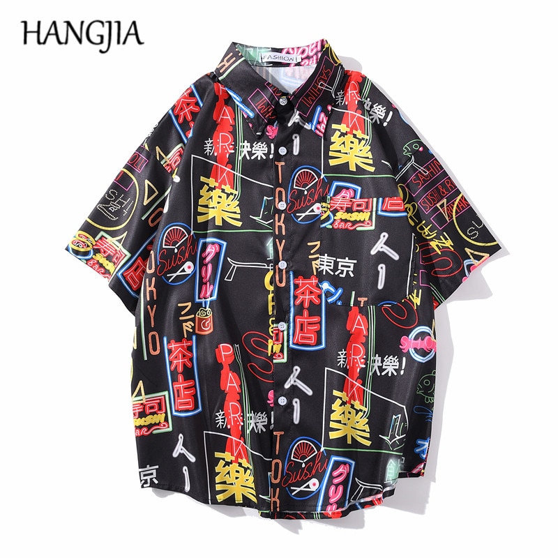 Chemise d'été élément chinois imprimé de plage homme, Graffiti, chemise hawaïenne pour homme et femme, chemise noire et blanche, décontracté