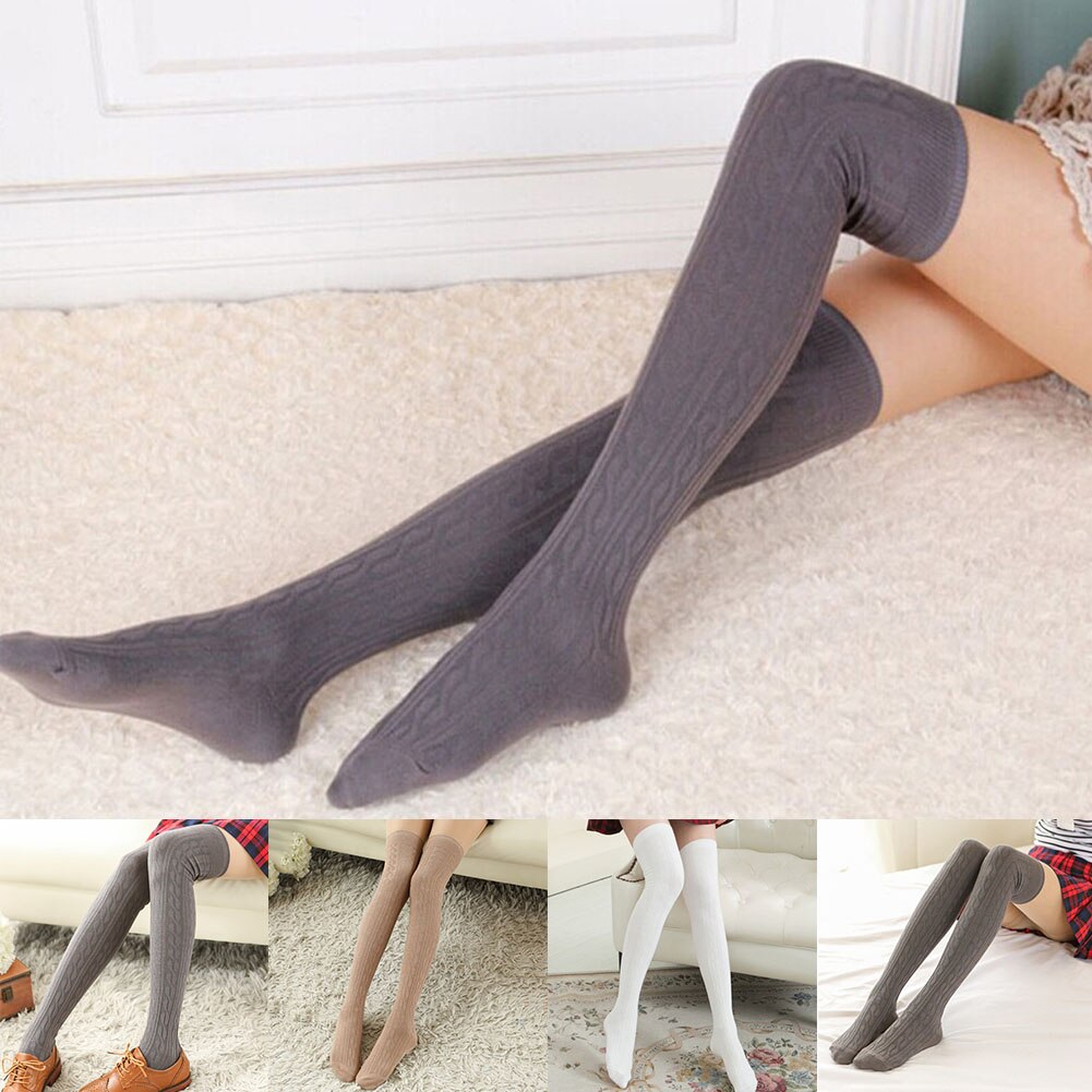 Jacquard Twist High Knee Socks Cotton Warm Thigh High Over Knee Cotton High Socks Solid ColorJapanese Student High Socks Winter