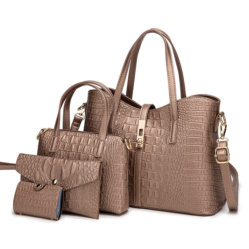 Crocodile women's bag messenger bag four piece mother bag: Rose Gold