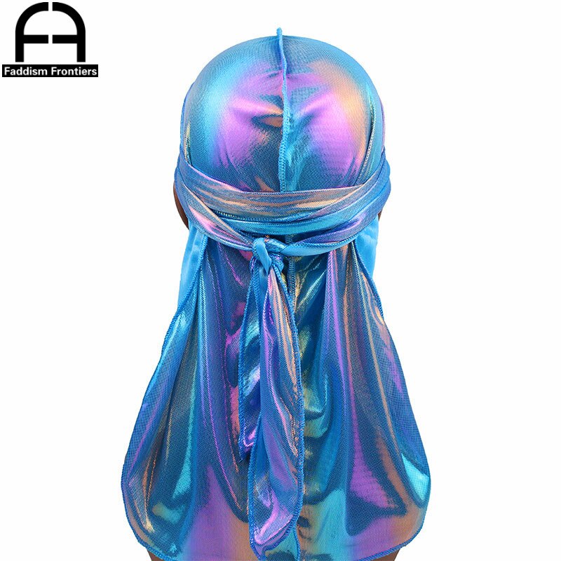 Menns fargerike glitrende durags turban bandanas menn skinnende silkeaktig durag hodeplagg hodebånd hårdeksel tilbehør bølgekapper kluter lue: Blå